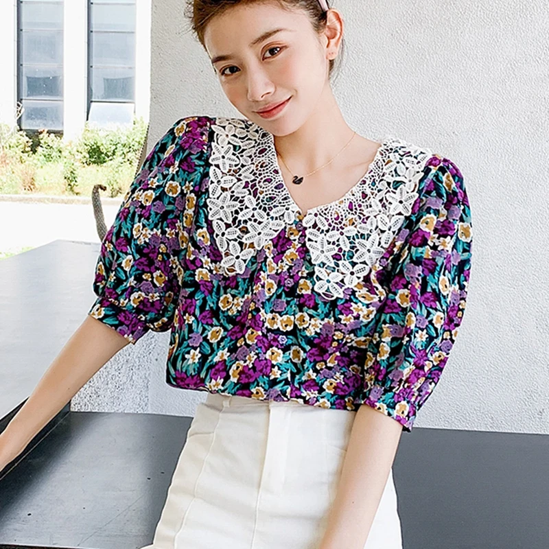 Женская рубашка с цветочным принтом летние топы повседневная кружевная женская