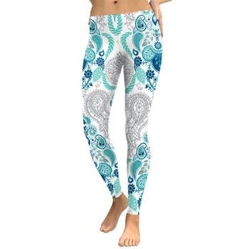 

JIGERJOGER Blue paisley subliamtion digital printing elastic waist tights pants booty leggings women fitness pants plus size XL