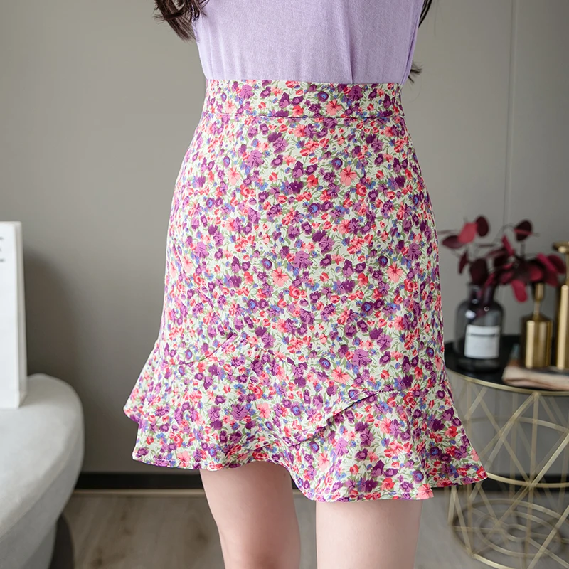 

2020 New Flower Print Mini Skirt Womens Summer High Waist Irregular Ruffles Short Skirts Ladies A-line Floral Shorts Skirts