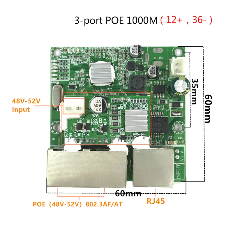 3-портовое питание по Ethernet гигабитный коммутатор модуль 48V2A 96 Вт-144 Вт 3 порта 10/100/1000 м контактный порт мини-коммутатор модуль PCBA материнская плата RJ45 POE