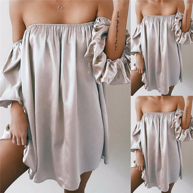 

1pc Women Summer Off Shoulder Short Sleeve Dress Maxi Dress Plus S-XL Women Clothes Strappless Design Loose Mini Dress