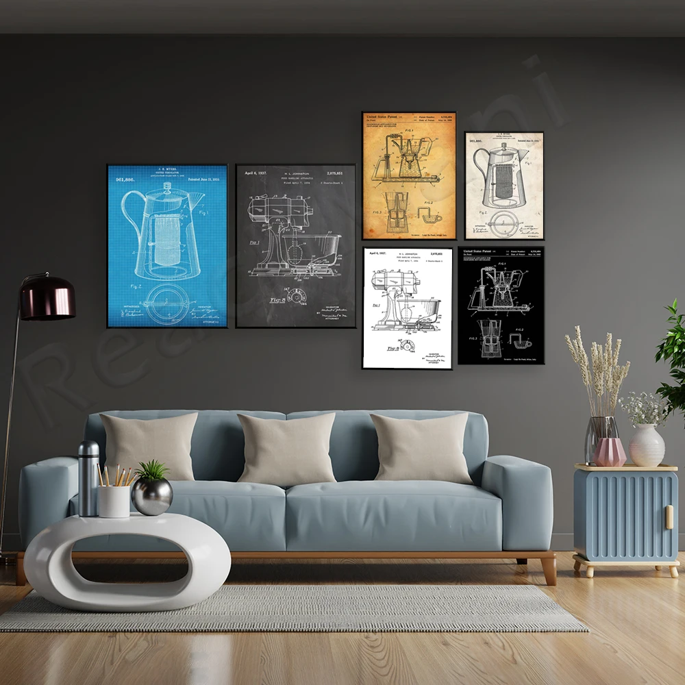 Cafetera italiana con café molido en la pared, impresión sobre lienzo,  moderna para el hogar, oficina, sala de estar, dormitorio, pintura, pared
