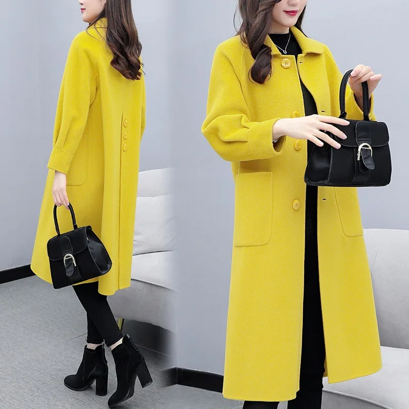 Осень Зима длинное женское Шерстяное Пальто высокое качество тонкое желтое черное верблюжье пальто куртка женская элегантная шерстяная верхняя одежда - Цвет: Цвет: желтый