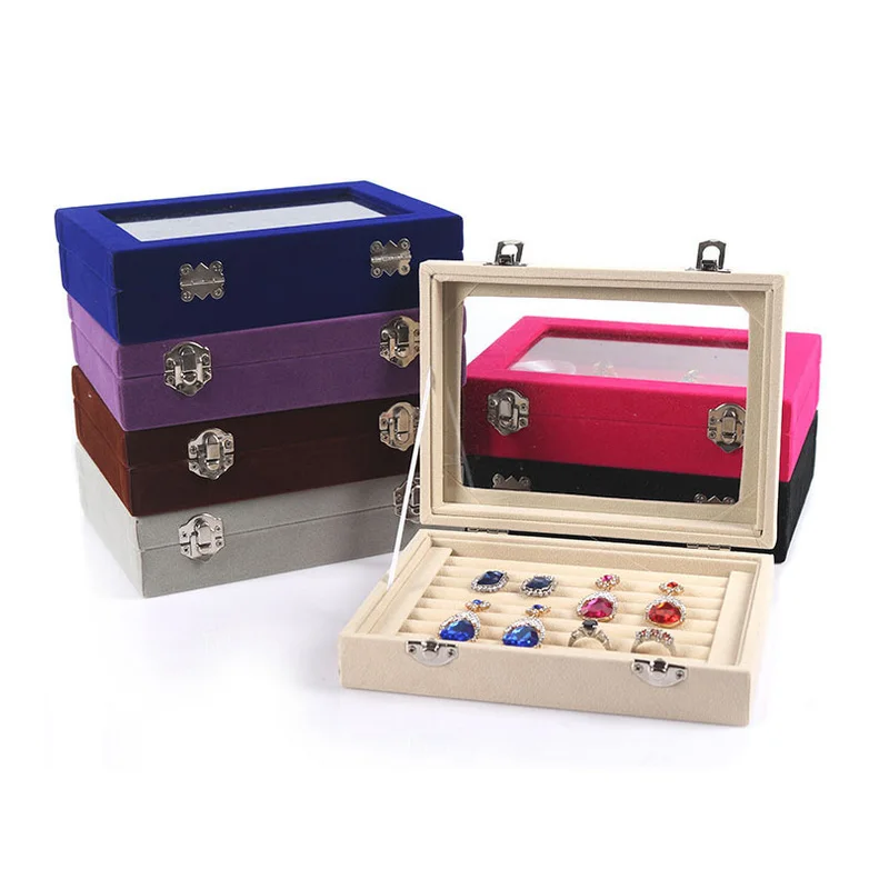 

Booths Velvet Carrying Case Cover Jewelry Ring Display Box Tray Holder Storage Box Organizer with Glass New 2018 7 Color 8 Wood