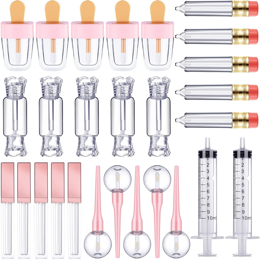 30 Pieces Lip Gloss Tube Tool Set Pencil Ice-cream Lollipop Candy Shaped Empty Lip Gloss Tubes Plastic Syringe for DIY Makeup 1ml 3ml 5ml plastic syringe borosilicate glass prefillable syringe optional capacity heat resistant reusable luer lock syringe