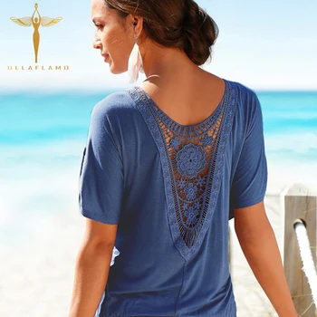 

Blue O Neck Loose Cotton Women Blouse Summer Streetless Hollow Out Basic Top Elegant Blouse Short Sleeve Female Clothing Blusas