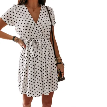 

Women Summer Beach Chiffon Dress Casual Short Sleeve Polka Dot Dress Boho Mini Party Dress Elegant V Neck Sundress Vestidos