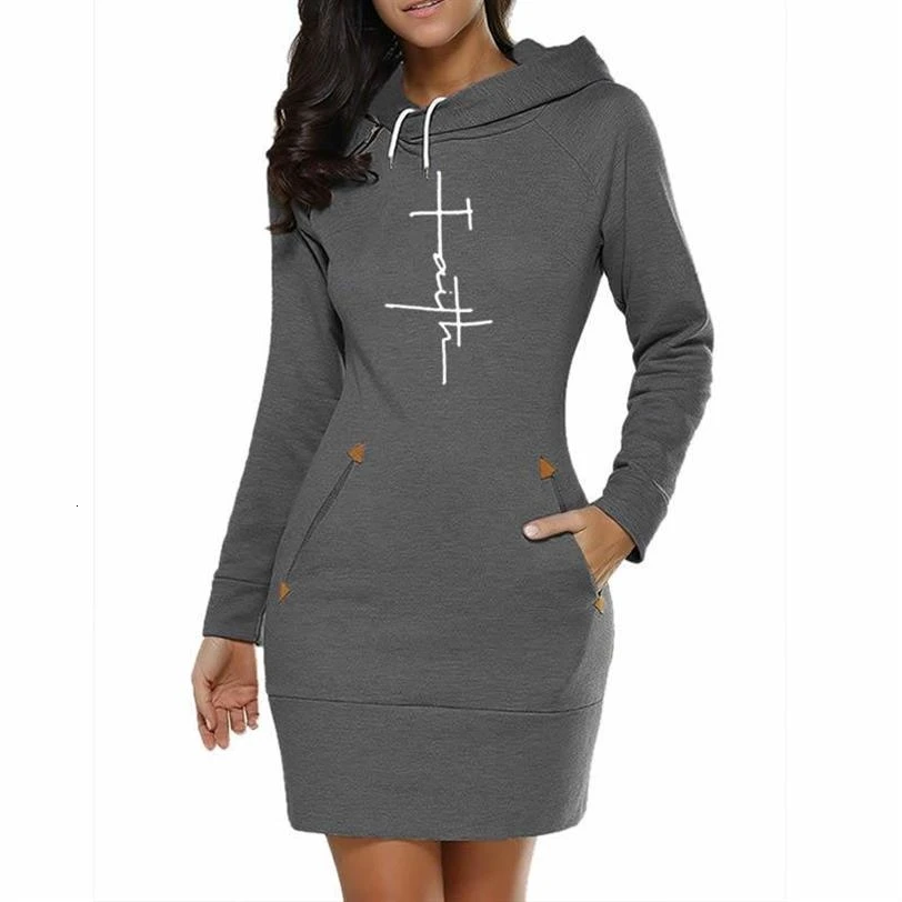 For Women Faith Letters Print Long Dress Hoodies Sweatshirt Femmes Kawaii Tops Thick Cute Youth Cot