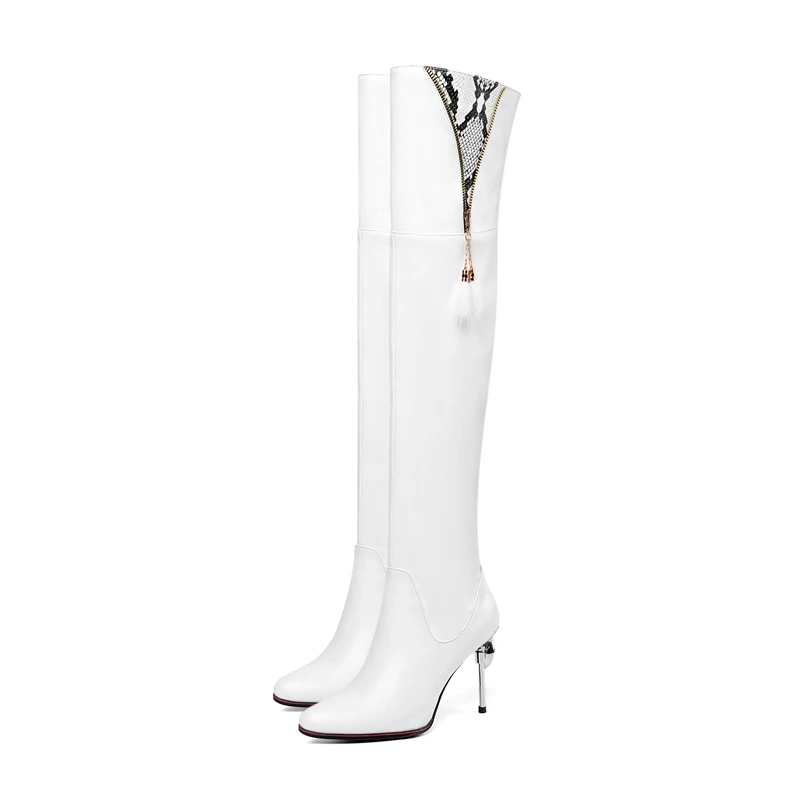 Пикантные ботфорты до бедра женская обувь качественные высокие сапоги из змеиной кожи с острым носком на высоком каблуке 9,5 см женская обувь, размеры 34-49 - Цвет: Белый