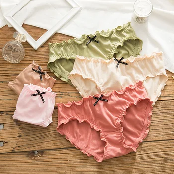 

Cute Bow Underwear Women Pleated Lace Seamless Underpants Cotton Solid Panties Middle Waist Lingerie Lovely Girl Briefs