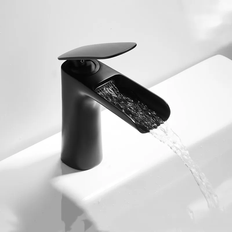 LIUYUE Basin Faucets Brass White/Black Single Handle Bathroom Open-type Waterfall Basin Faucet Cold Hot Water Sink Mixer Taps - Цвет: black