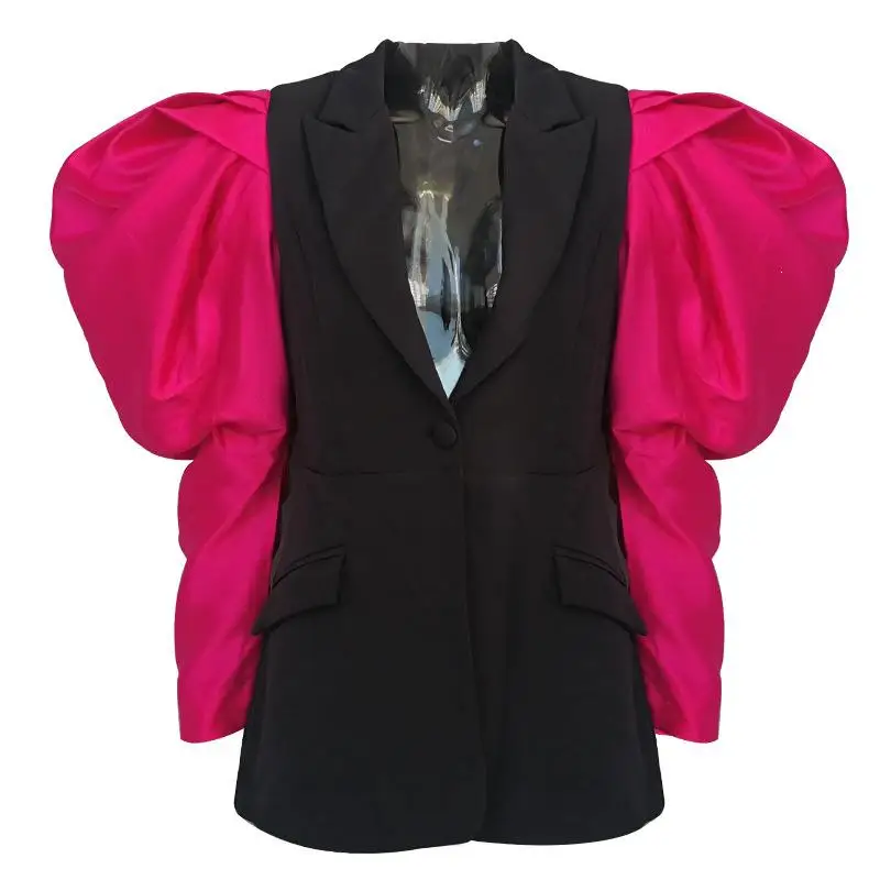 Women's Patchwork Hit Color Blazer Notched Puff Long Sleeve Tunic Blazers - Color: Black