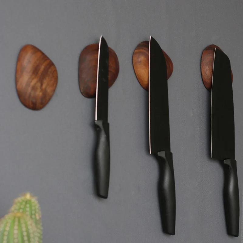 

1-4 PCS Wood Magnetic Knife Holder Wall Mount Cobblestone Magnet Knife Rack Novel Kitchen Slicing Chef Knives Storage Block