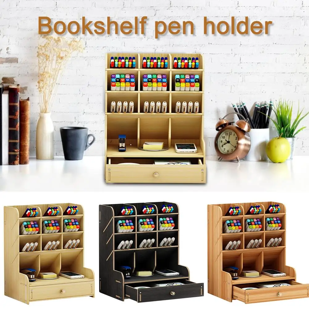 

Wooden Desk Organizer Cute Large Capacity Multi-functional Stationery Holder Storage Rack for Home Office