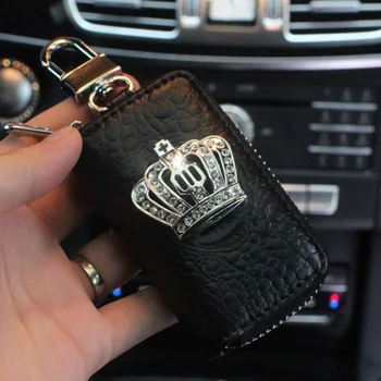 

Crystal Crown Car Key Case Leather Car Keychain Holder Metal Hook Zipper Bag For Remote Key Organizer Storage