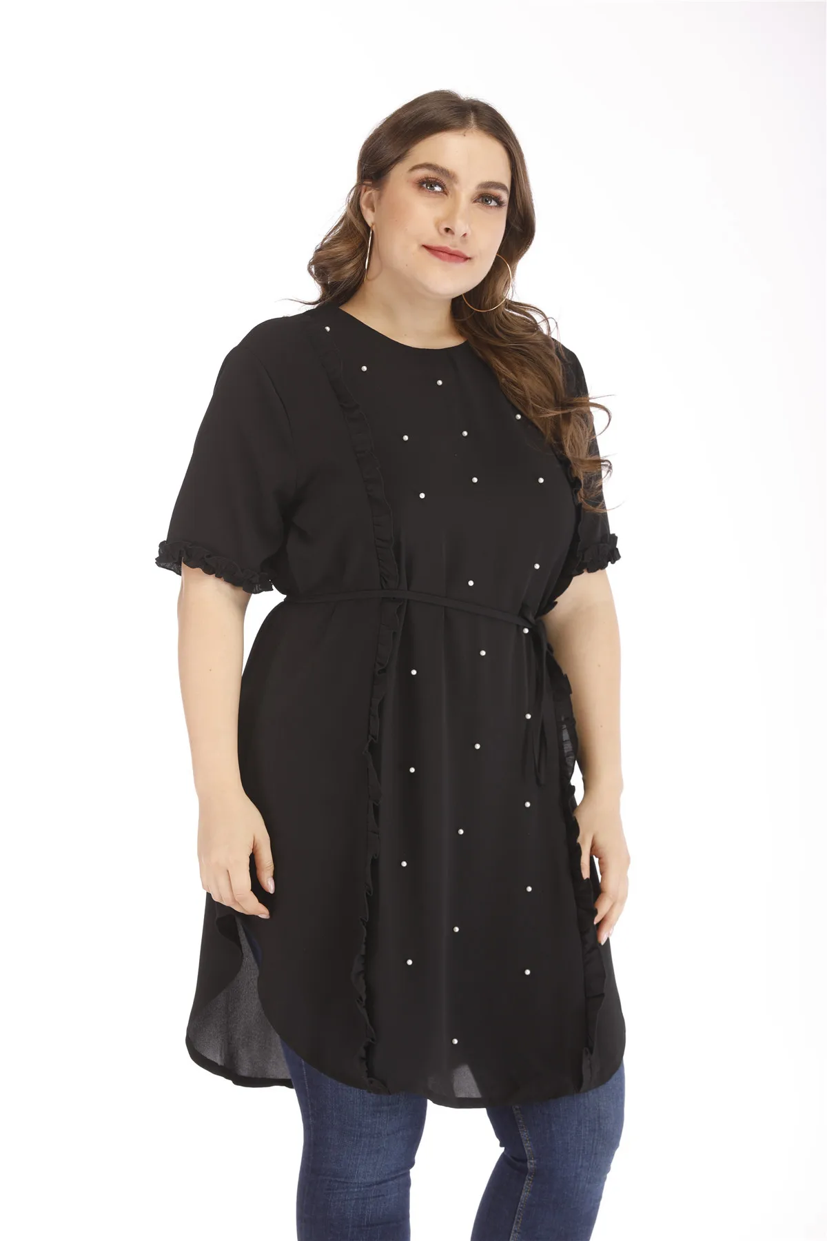 TUHAO, большие размеры 5XL 4XL 3XL, черные шифоновые блузки с бисером, женские длинные топы, модные повседневные рубашки с бисером, женские блузки WM01 - Цвет: Черный