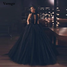 

Verngo Black Evening Dresses High Neck Deep V Cut Front Sexy Long Prom Ball Gowns Fluffy Tulle Lace Up Back Party Dress
