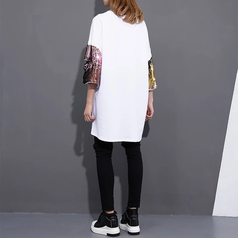 [EWQ] Новинка лета, модная черная белая длинная футболка с круглым воротником, свободные женские топы с блестками и рукавами, T32100