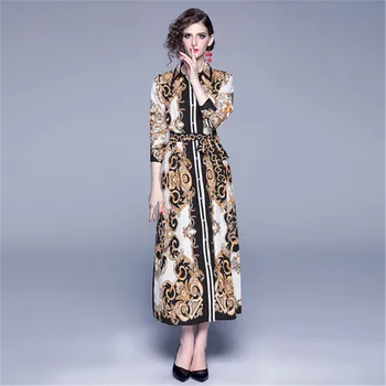 

New Women geometry Retro Printing Shirt Dress 2019 Autumn Women Single-breasted Belt Tunic Vestidos Cardigan Long Dress