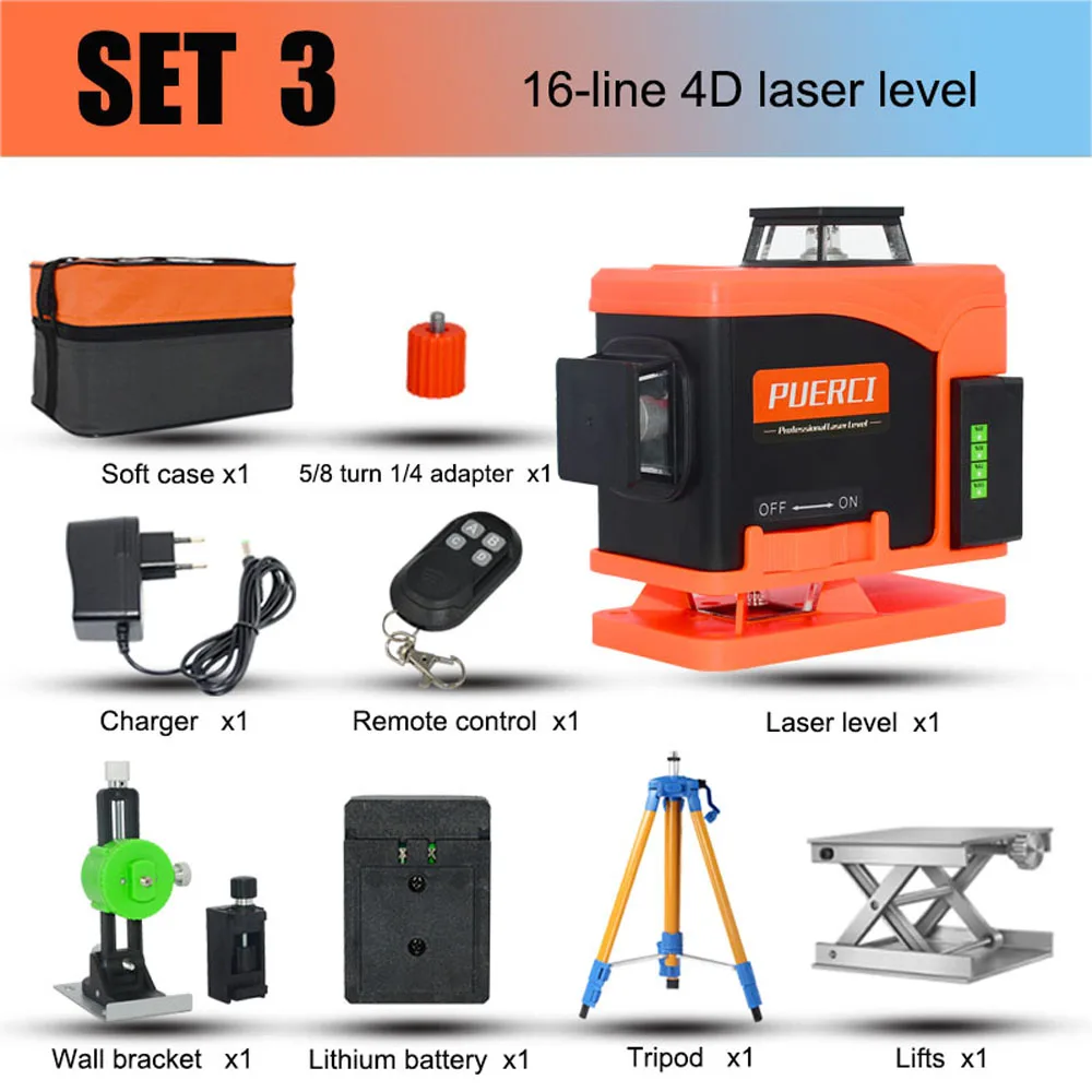 Orange 4D 16 линий зеленый лазерный уровень Мощный лазерный луч линия самонивелирующийся 360 горизонтальный и вертикальный крест с пультом дистанционного управления - Color: Orange