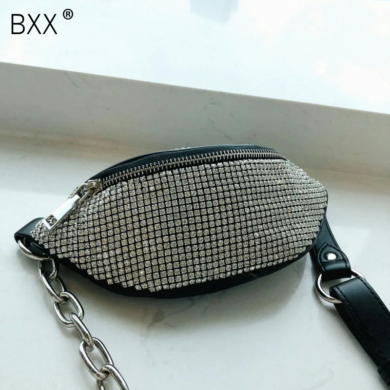 

[BXX] Women's Single Shoulder Crossbody Bag All-match 2019 Brand Designer Luxury Rhinestone Package Chain Chest Waist Bag HI034