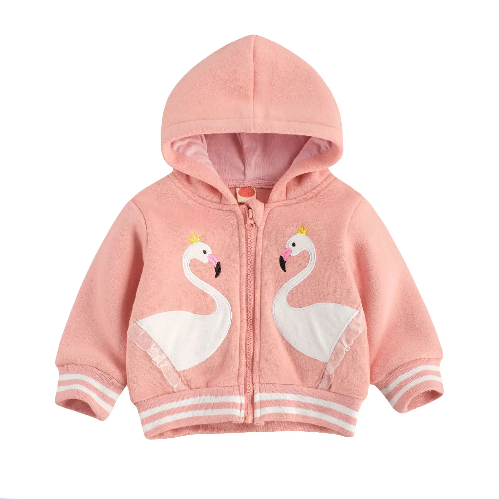 

2020 New Fall Autumn 0-24M Toddler Baby Girl Crowned Birds Patchwork Ruffled Zipper Pink Hooded Jacket Long Sleeve Coat Hoodie