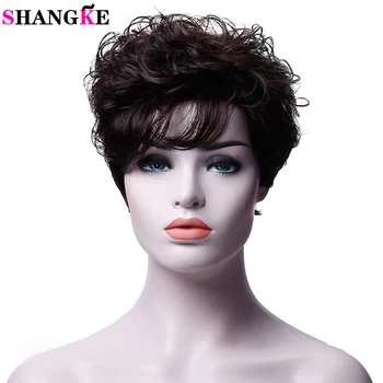 

SHANGKE Synthetic Short Curly Womens Wig Natural Black Brown Wigs For Women Heat Resistant Daily Wig