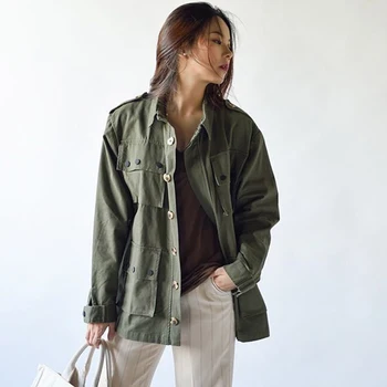 

2020 Woman Spring Green Jacket Streetwear Long Sleeve Turn-down Collar Wide-waisted Single Breasted Cotton Jeans Jacket Women