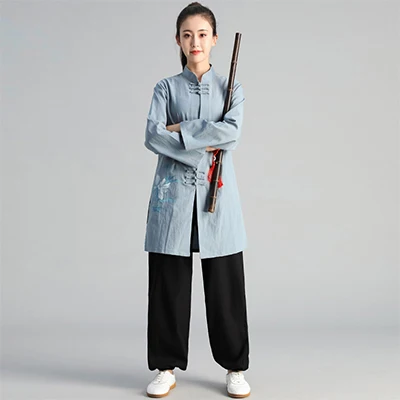 Традиционная одежда Tai Chi, одежда для упражнений для мужчин и женщин, длинная одежда для занятий боевыми искусствами, ручной росписью китайский набор - Цвет: Blue Set