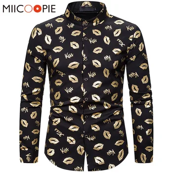 

2020 Designer Shirt For Men Gold Bronzing Kiss Lip Printed Slim Fit Hombre Camisa Social Long Sleeve Party Men Luxury Clothing