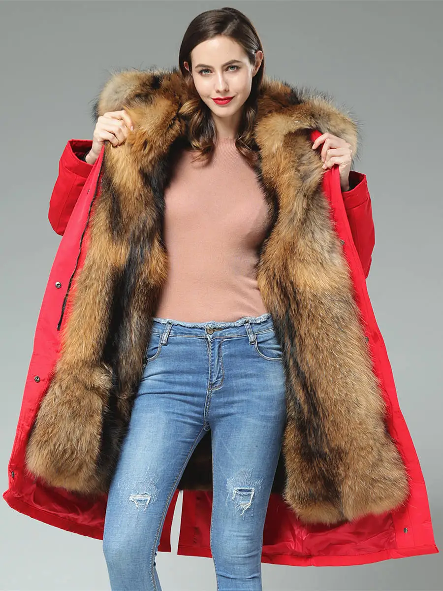 Parka King 90cm Long Whole Skin Pelt Muskrat Raccoon Fur Lining fur coat parkas winter coat women parka Large Raccoon Collar Red