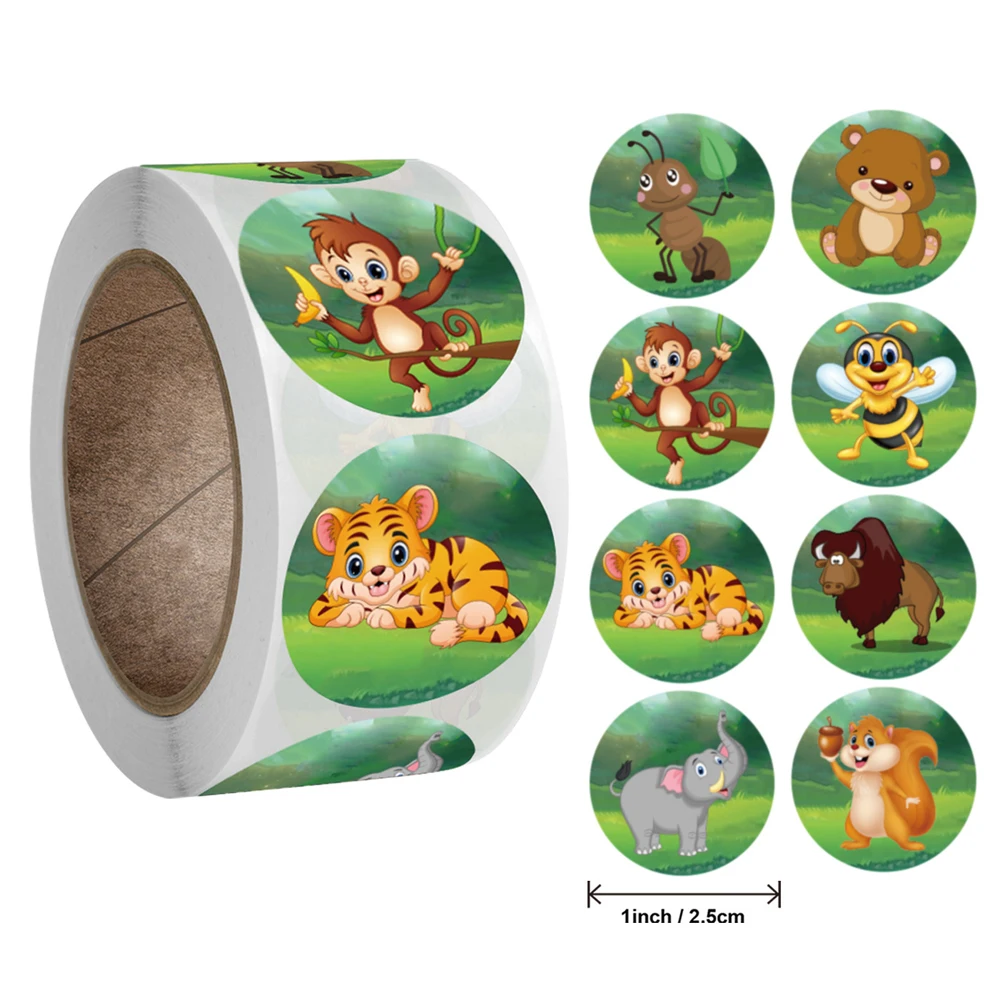 50-500 Uds pegatinas de animales de zoológico de dibujos animados para niños pegatina de juguetes clásicos para profesores de escuela Etiqueta de recompensa 1 pulgada patrón Tigre