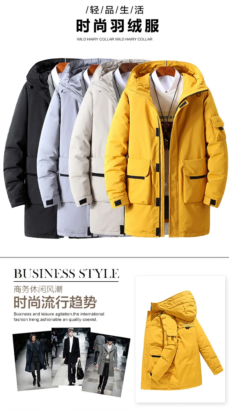 Winter Hooded Workwear down Jacket Men's Mid-length Fashion Thick Warm Coat White Duck down Men'S Wear