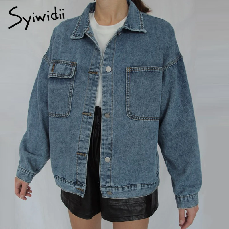 Jean Jacket Denim Coat Spring-Fall Syiwidii Casual Women Solid 