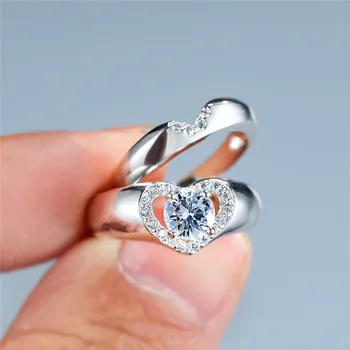 

Luxury Female White Round Crystal Ring Set Dainty Silver Color Wedding Rings For Women Promise Heart Hollow Engagement Ring