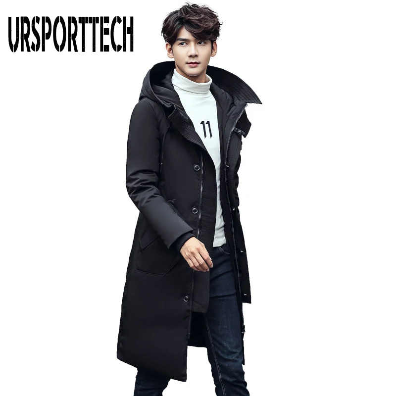 

URSPORTTECH 2019 Winter Warm Long Down Jacket Men Casual Clothing Outwear Hooded Down Jackets Male Thick Down Coat Plus Size 5XL