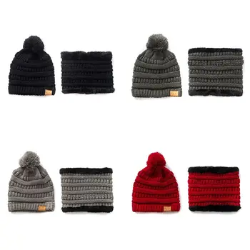 

Unisex Adult Toddler Kids Winter Beanie Hat Scarf Set Chunky Cable Knit Pompom Cap Thicken Plush Lined Circle Loop Neck Warmer