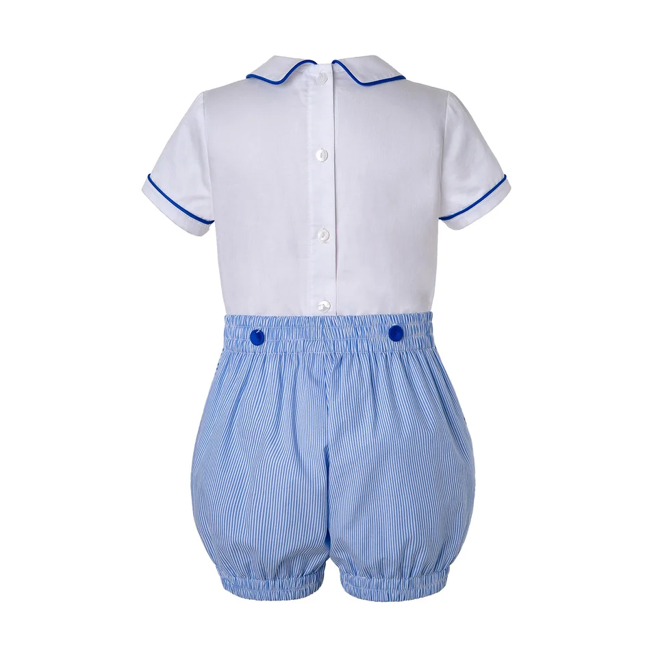 Pettigirl/синяя летняя одежда с оборками для маленьких мальчиков, белая футболка с цветами и синие шорты B-DMCS204-A291 одежды с оборками для мальчиков