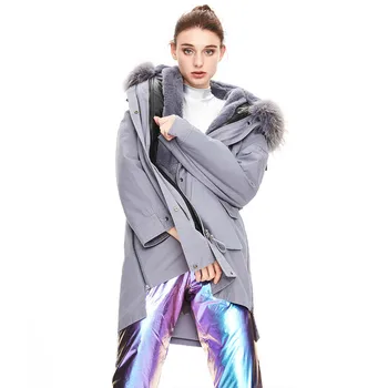 GĂŒnstige Winter Frauen Neue Parka WaschbĂ€r Hund Pelz Kragen Abnehmbare Kaninchen Pelz Liner Leder Gras Mantel Warme Bequemen Pelz Kragen Jacke