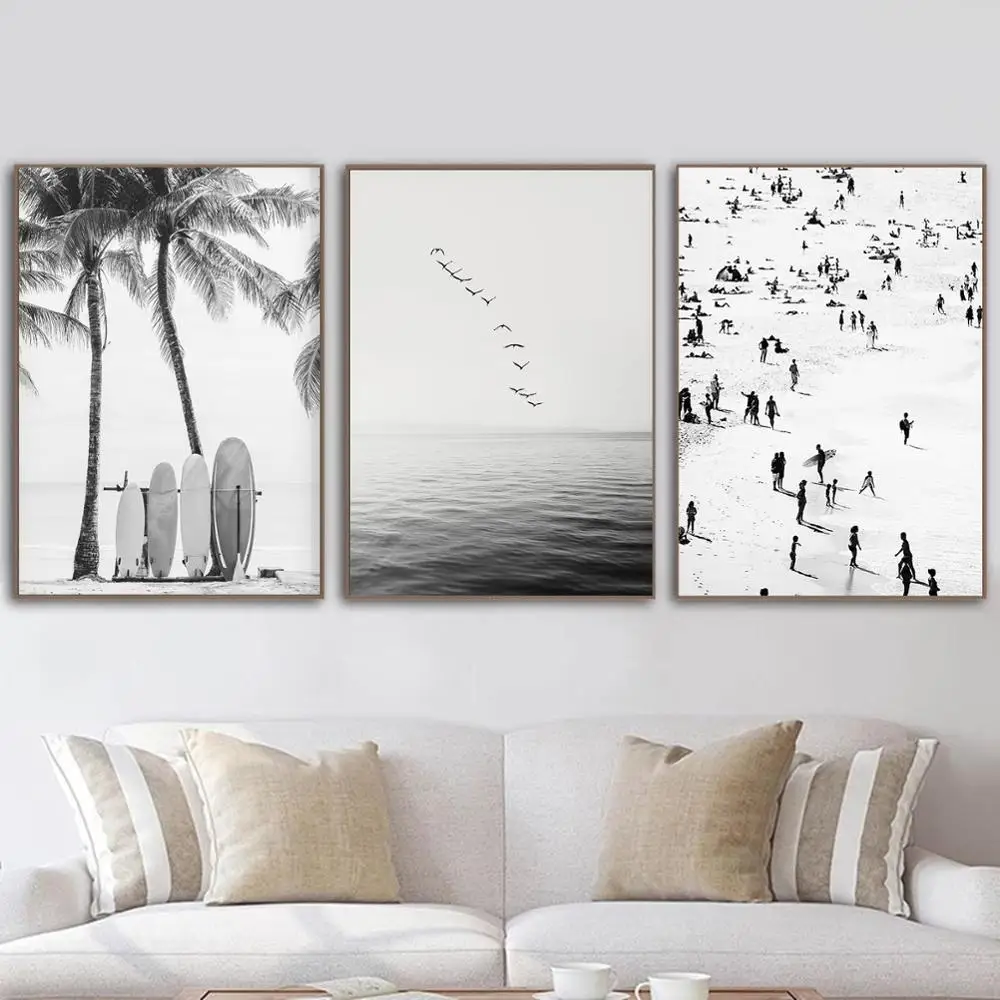 Minimalist Black and White Ocean Surfboard Poster People on the Beach Print Seascape Canvas Art Painting Picture Wall Decor | Дом и сад