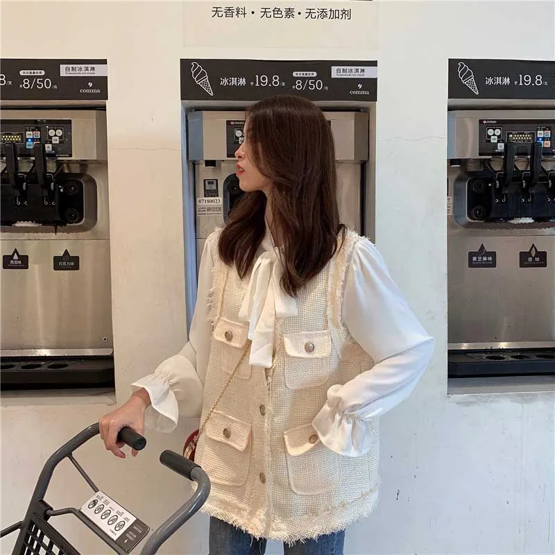 Осень новая Корейская женская простая белая Нижняя Свободная блуза-рубашка+ твидовый жилет женский костюм из двух частей