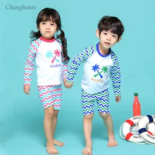 Купальный комплект для девочек и мальчиков 2-12 лет, детский купальный костюм с длинными рукавами и шапочкой для плавания, детская пляжная одежда с волнистым принтом