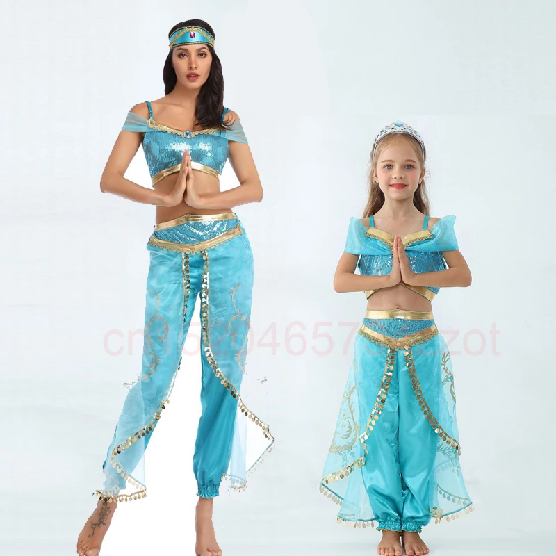Jasmine Costume Helloween Party Princess Dress Fancy Clothing Set Top Pants Headband Kids Adult laddin the Magic Lamp | Тематическая