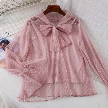 

Two Pieces New Spring Autumn Women Shirt +Tank Tops Tie Bow Mesh Blouse Female Bottom Lace Shirts Long Sleeve Blouses Tops A1559