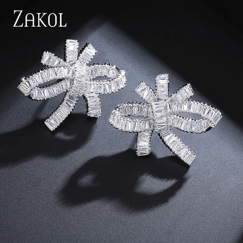 Изысканные циркониевые серьги-гвоздики ZAKOL с крученым сердечком, роскошные белые свадебные ювелирные изделия для элегантных женщин FSSP3054