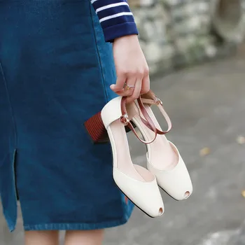 

Closed-toe Sandals Women's Fairy Wind New Style-Genuine Leather White Shoes Chunky-Heel A- line Belt Buckle Shoes Women's