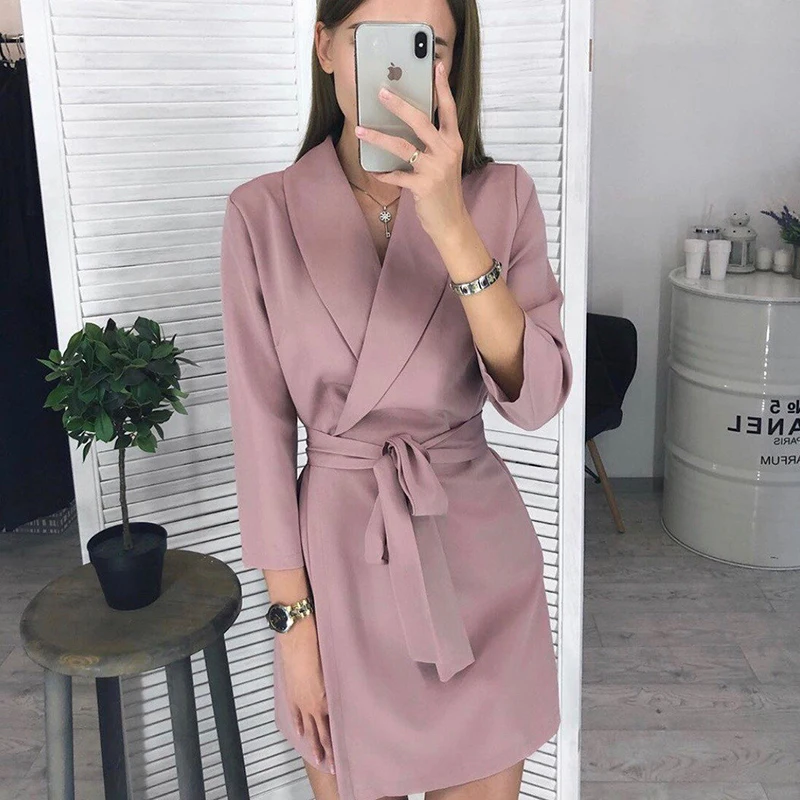 

2020 Autumn New Fashion Dress Women Vintage Sashes A-line Party Mini Dress Long Sleeve Notched Collar Solid Casual Elegant Dress
