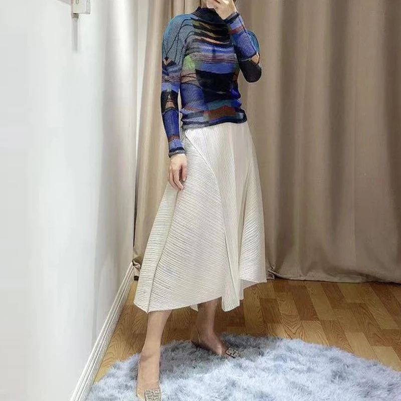Весенняя Новинка MIYAKE плиссированная Однотонная юбка асимметричная Высокая талия тонкий профиль большой маятник длинная юбка