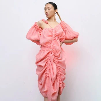 

Elegant Irregular Dress Women Asymmetrical Collar Lantern Half Sleeve High Waist Drawstring Dresses Female Clothes