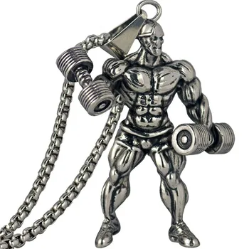 

Sports Hippie Necklace Stainless Steel Chain Fitness Strong Motivation Gym Hip Hop Jewelry Man Dumbbell Pendant Necklace